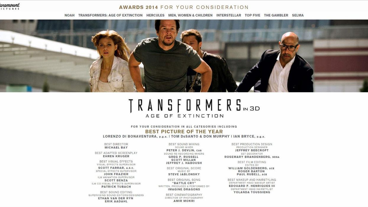 Transformers: Age of Extinction officially a contender for best picture Oscar