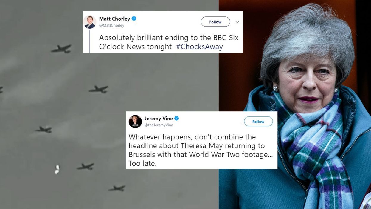 BBC News at Six accidentally shows Battle of Britain footage when describing Theresa May's return to the EU