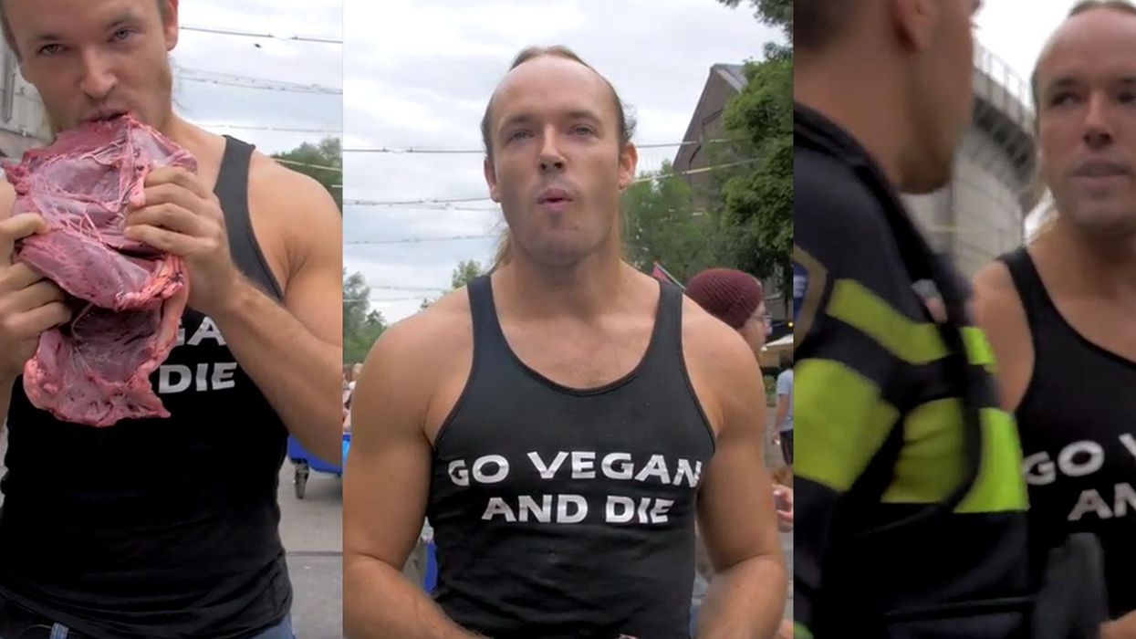 Man eats raw bloody meat at vegan food festival