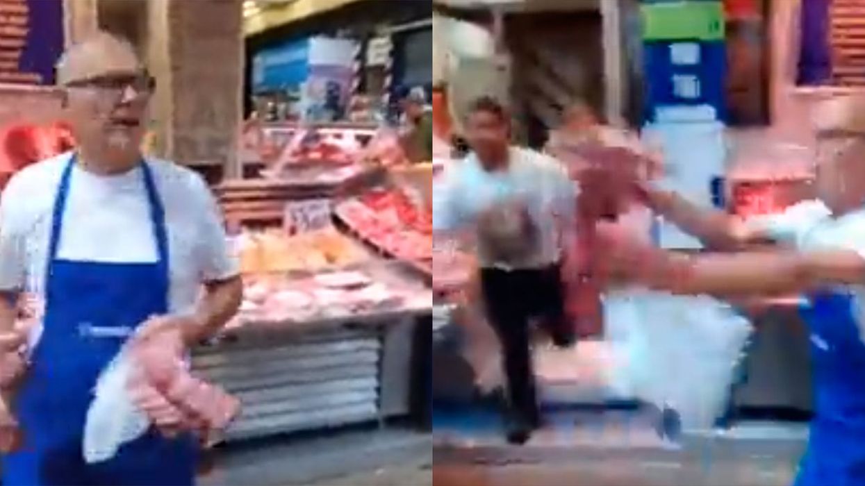 Butcher filmed swinging meat at vegan protesters
