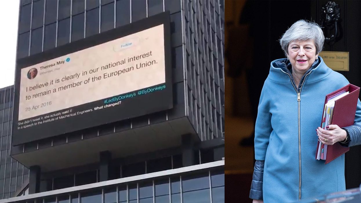 Theresa May mocked with anti-Brexit billboard in Brussels just hours before meeting with EU