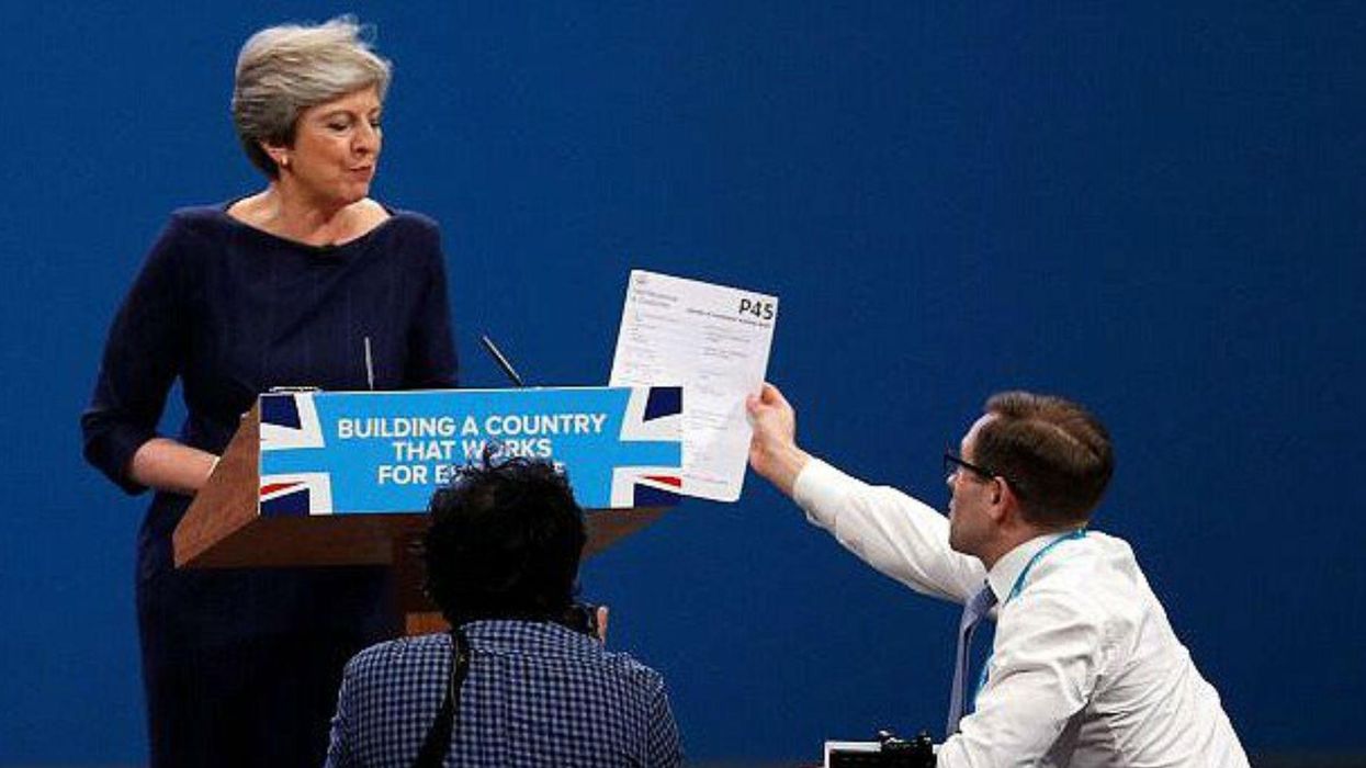 Theresa May's speech was interrupted by a prankster and everyone made the same joke