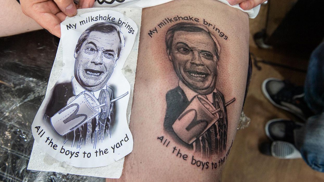 Anti-Brexit UKIP voter gets tattoo of Nigel Farage getting covered in milkshake on his leg