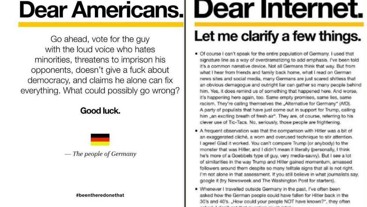 The 'Dear Americans' letter writer has clarified his letter from 'Germany'