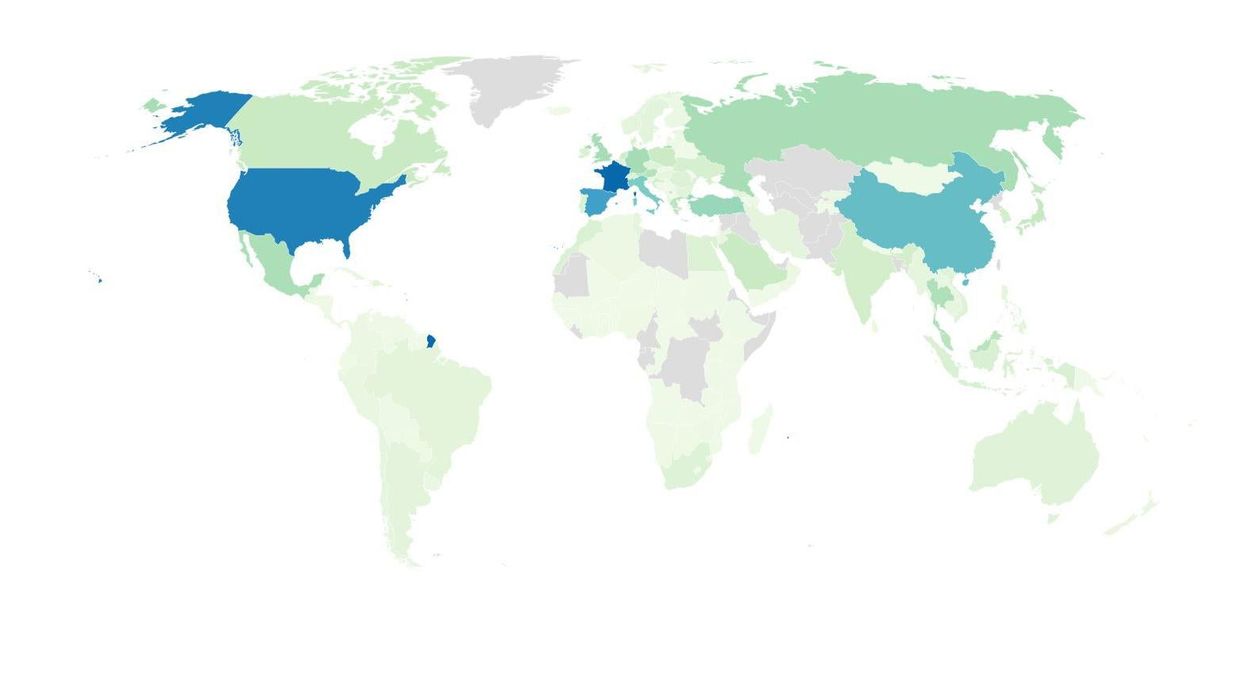 This map shows the most visited countries in the world
