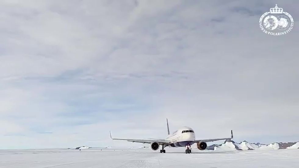 Plane takes off from icy runway in Antarctica