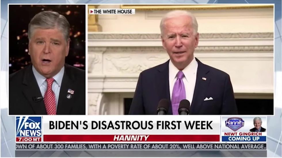 Sean Hannity denounces Biden’s first week as ‘disastrous’ before the president completed a full day of work