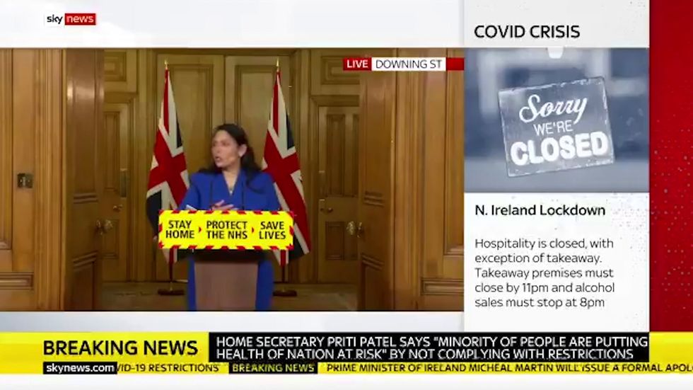 Priti Patel uses the phrase 'health pandemic' at a government briefing