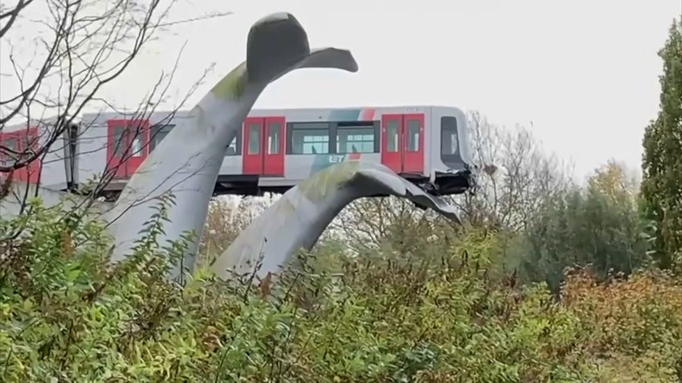 Metro train ploughs through buffer stopped by whale sculpture