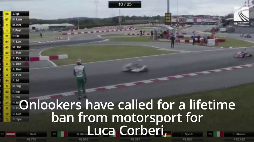 Karting driver Luca Corberi throws part of his kart at rival