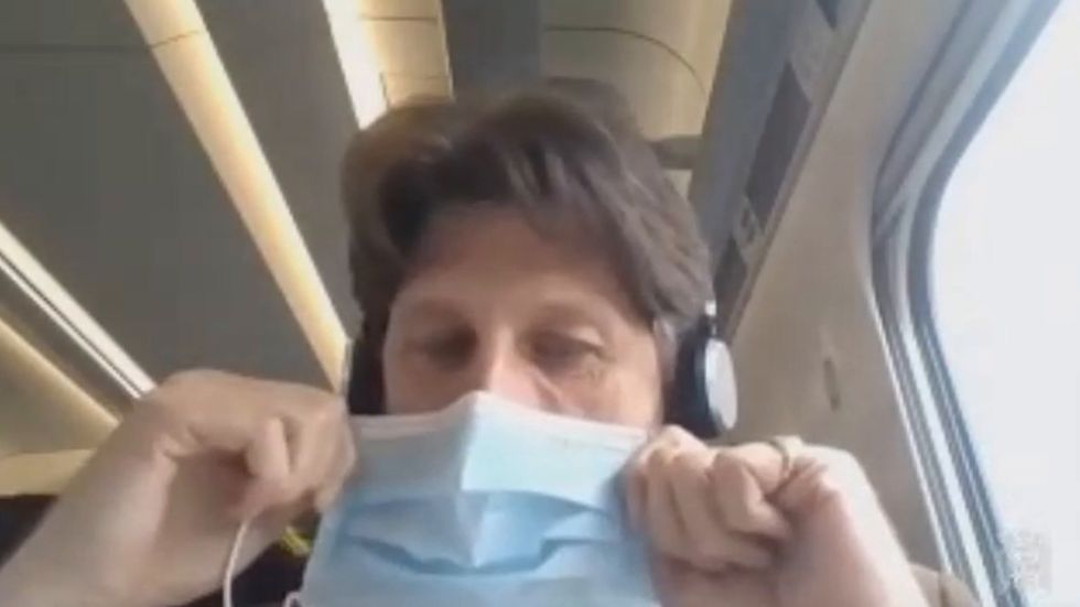 Lord's peer holds mask over face while speaking to chamber on train
