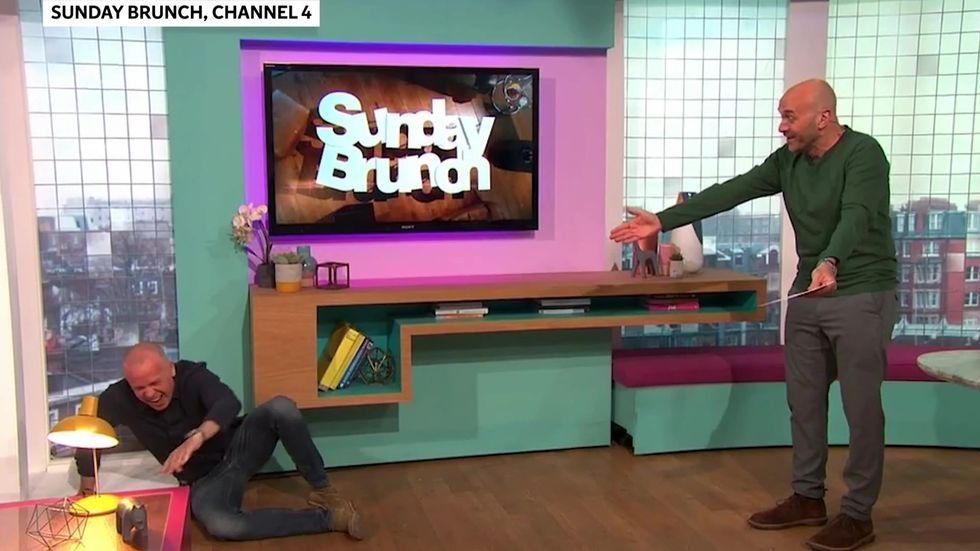 Sunday Brunch studio erupts into laughter as Tim Tim Lovejoy falls over seconds into the show