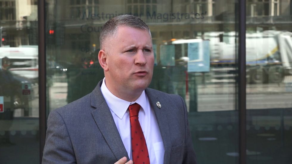 Britain First leader Paul Golding speaks at court following conviction