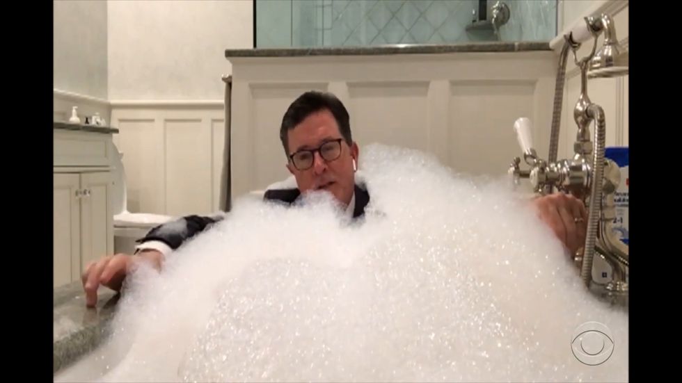 Stephen Colbert delivers monologue from his bathtub