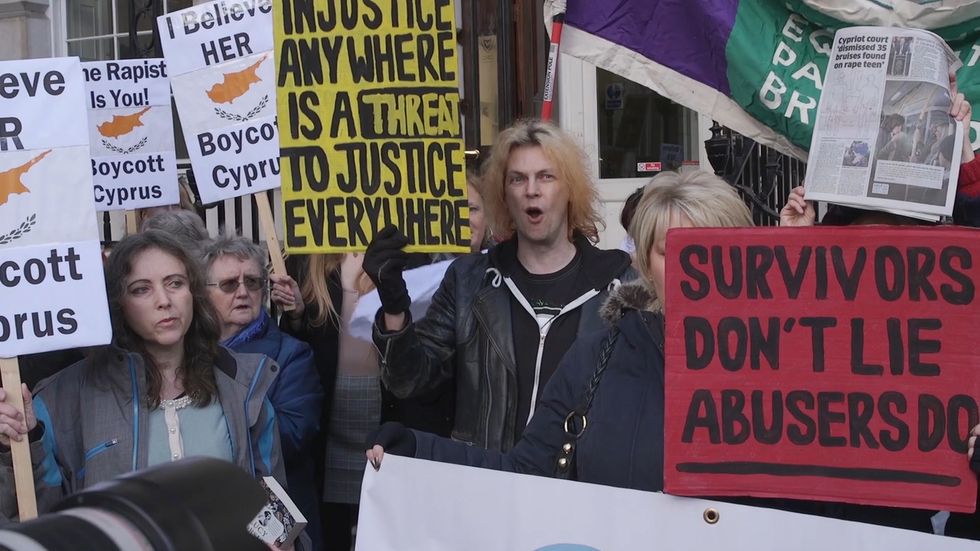 Protesters gather at High Consulate of Cyprus in support of British woman accused of falsely reporting rape in Ayia Napa
