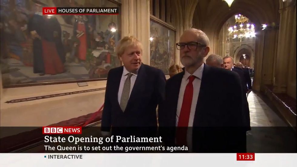Boris Johnson and Jeremy Corbyn awkwardly walk to the House of Lords for the Queen's speech