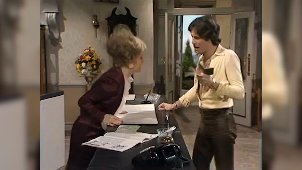 Nicky Henson in Fawlty Towers scene with Prunella Scales