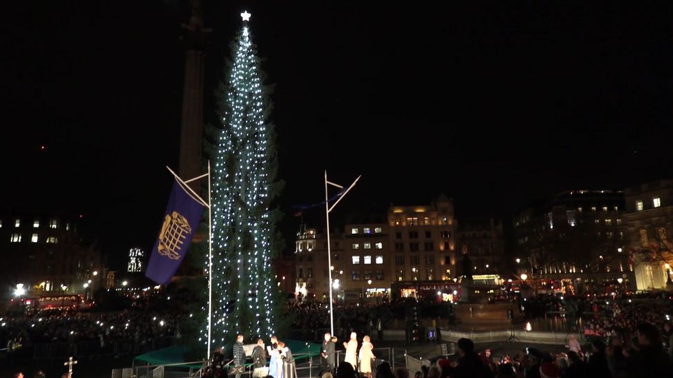 Lights on Trafalgar Square Christmas tree switched on
