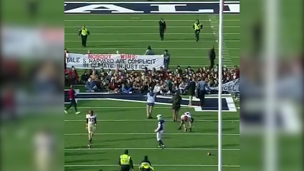 Harvard-Yale football game grinds to halt as hundreds of students storm field to protest climate change