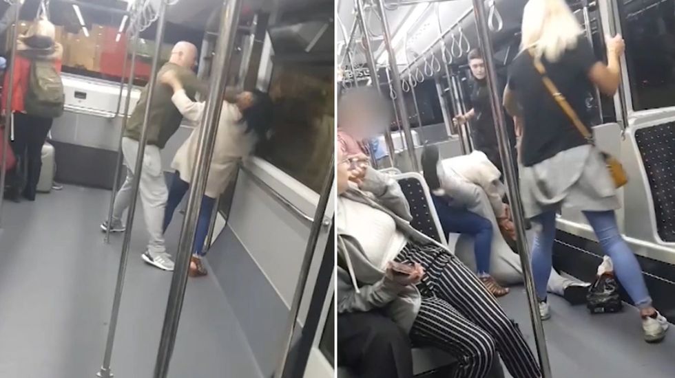 Man and woman start punching each other on airport shuttle bus