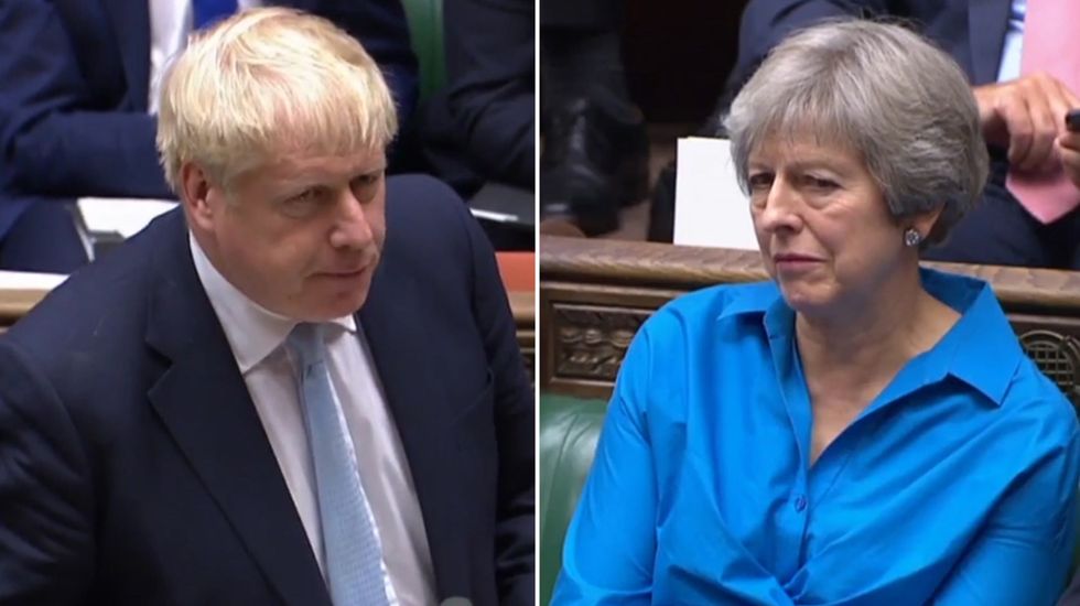 Theresa May pulls unsatisfied face during Boris Johnson's Brexit speech