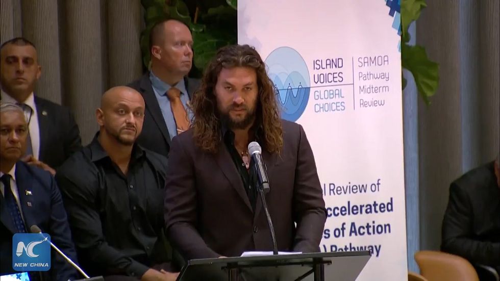 Jason Momoa delivers speech at UN event about climate change