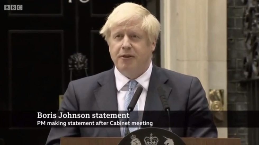 Parody video has demonstrators yelling 'brush your hair' as Boris Johnson gives speech outside Downing Street