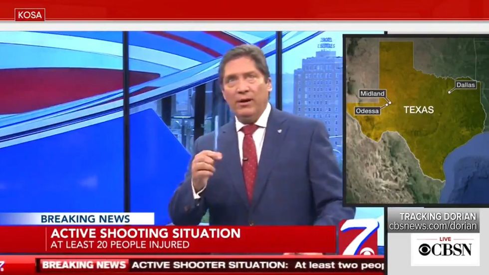 CBS7 News anchors evacuated from studio live on air due to threat of active shooter in Odessa Texas 