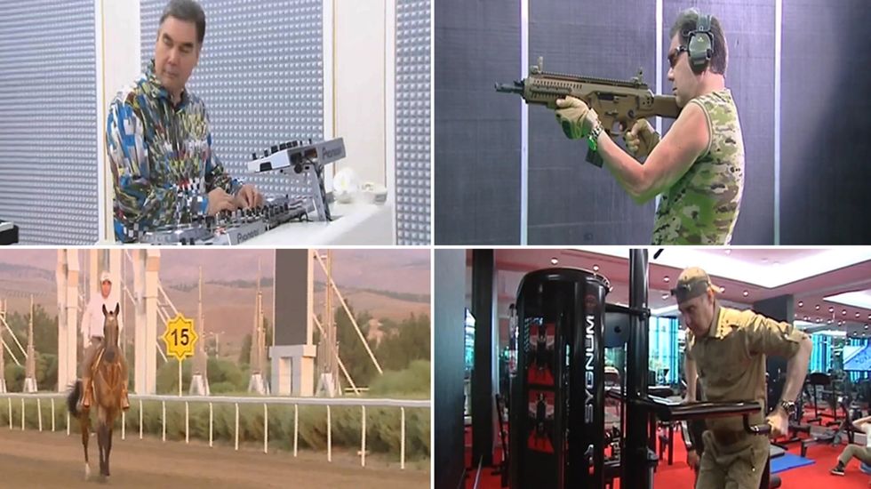 Turkmenistan president dispels death rumours with a video showing him riding horses, firing assault rifle and driving rally car around a crater