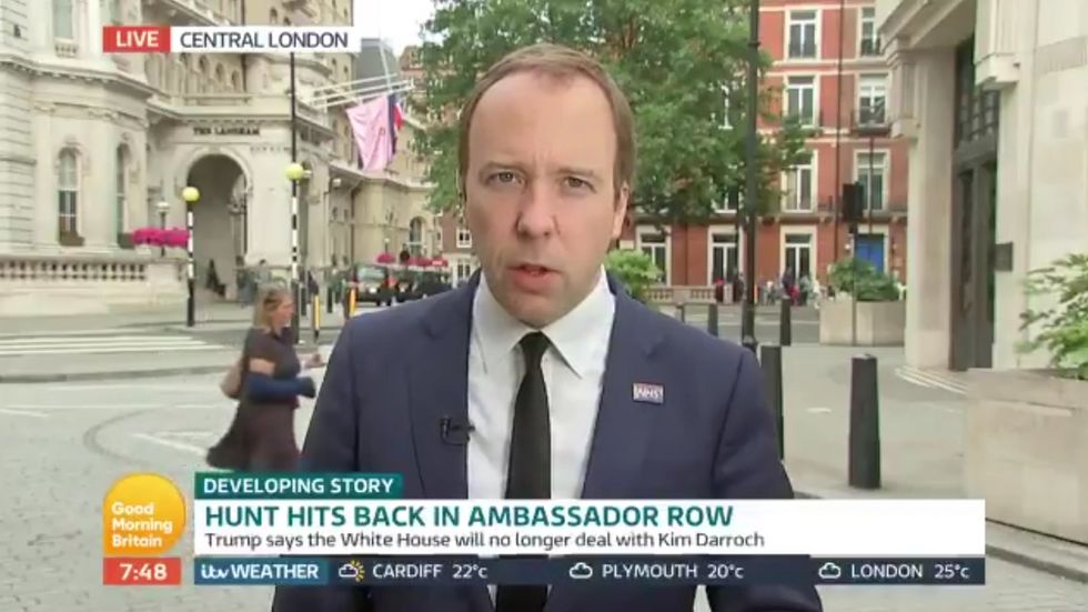 Matt Hancock refuses to say whether Sir Kim Darroch should resign as British Ambassador to the US after describing the Trump administration as 'inept' in leaked emails