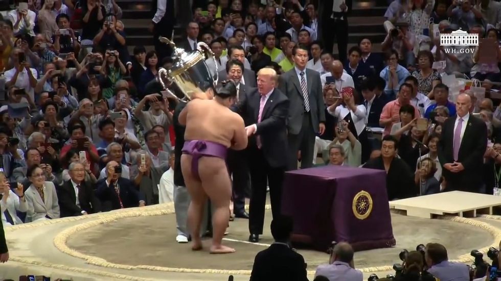 Donald Trump presents trophy to sumo wrestling champion on Japan visit