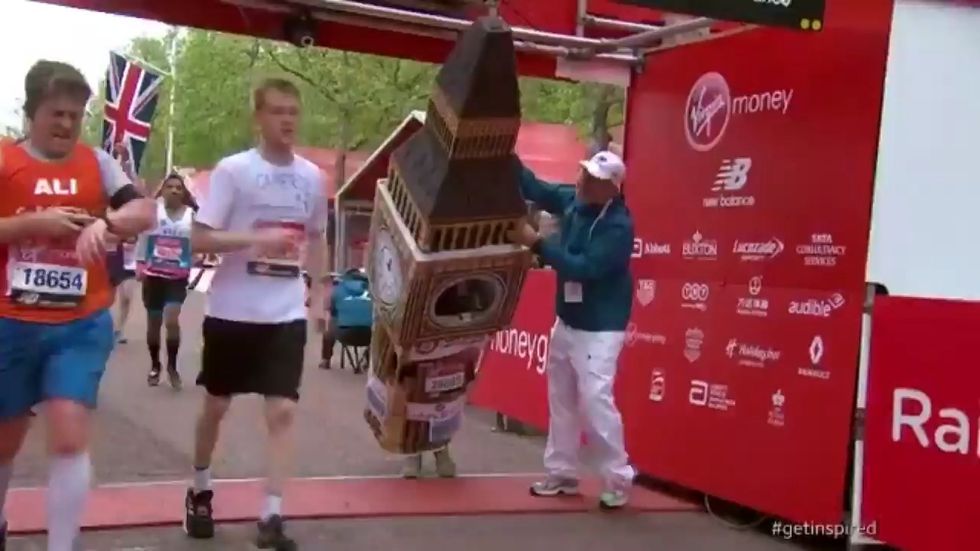 Runner in Big Ben costume gets stuck at London Marathon finish line