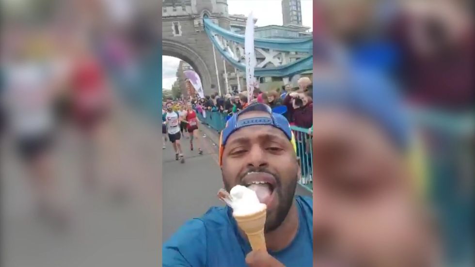 Lord Mayor of Sheffield Magid Magid films himself eating an ice-cream as he runs the London Marathon