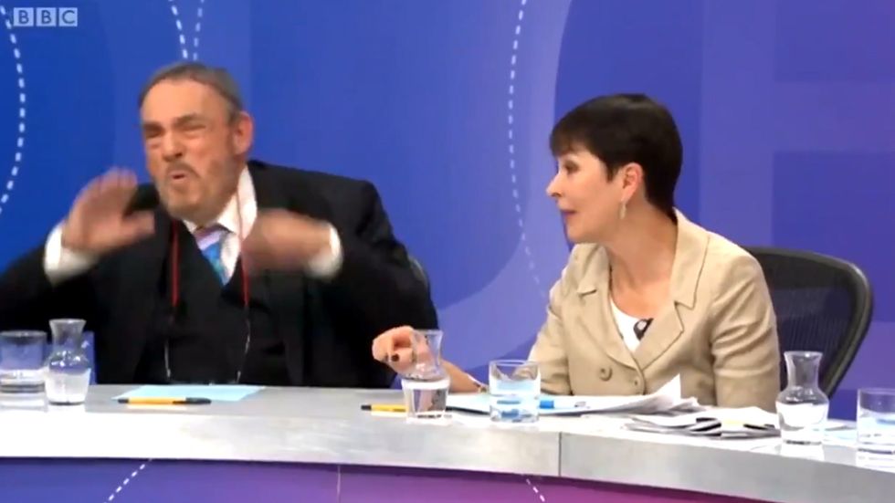 Actor John Rhys-Davies shouts at Green MP Caroline Lucas during Question Time debate