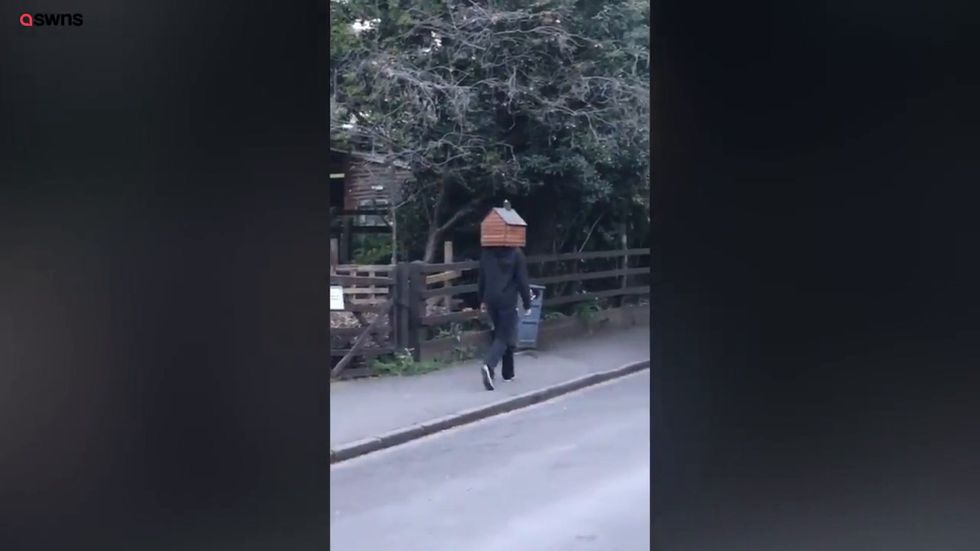Man walks down Bristol street with flames-throwing disco shed on his head