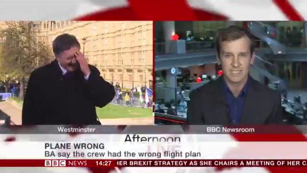BBC newsreader Simon McCoy can't help but laugh after plane lands in Edinburgh instead of Dusseldorf 