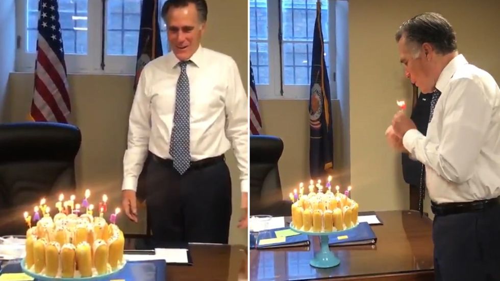 Mitt Romney blows out candles on birthday twinkie cake