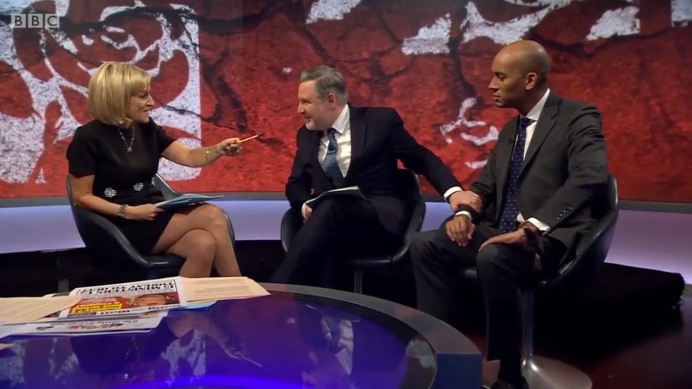 Barry Gardiner grabs Chuka Umunna's arm on Newsnight