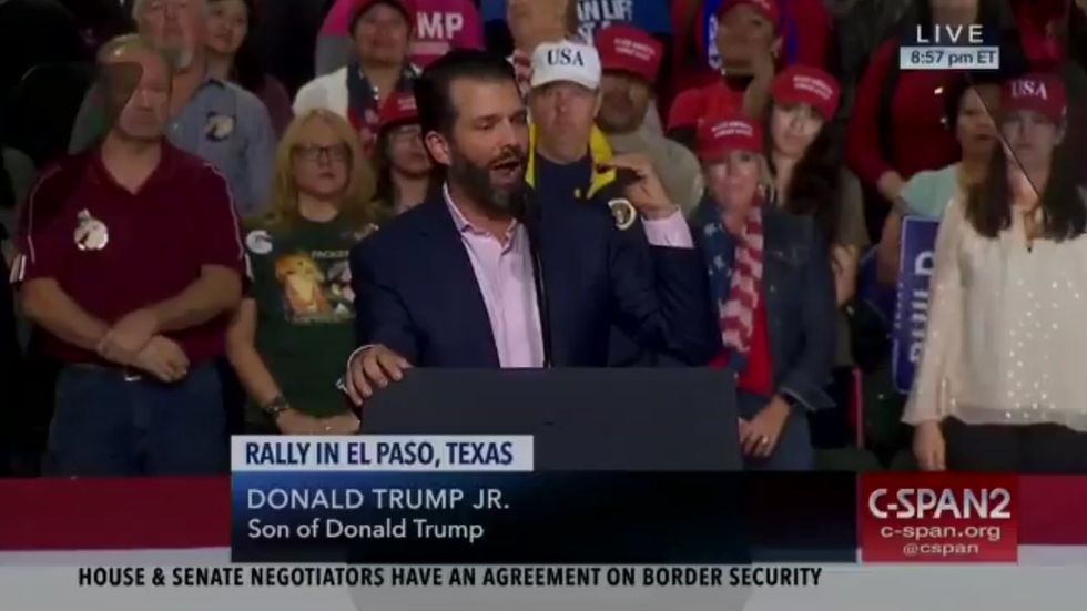 Trump Jr says 'you don't have to be indoctrinated by these loser teachers that are trying to sell you on socialism from birth' at Trump rally
