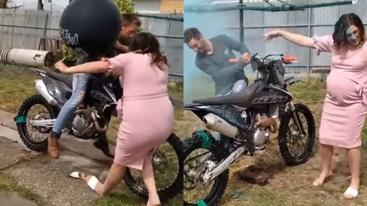 Gender reveal goes horribly wrong as father nearly runs over pregnant partner with motorbike burnout