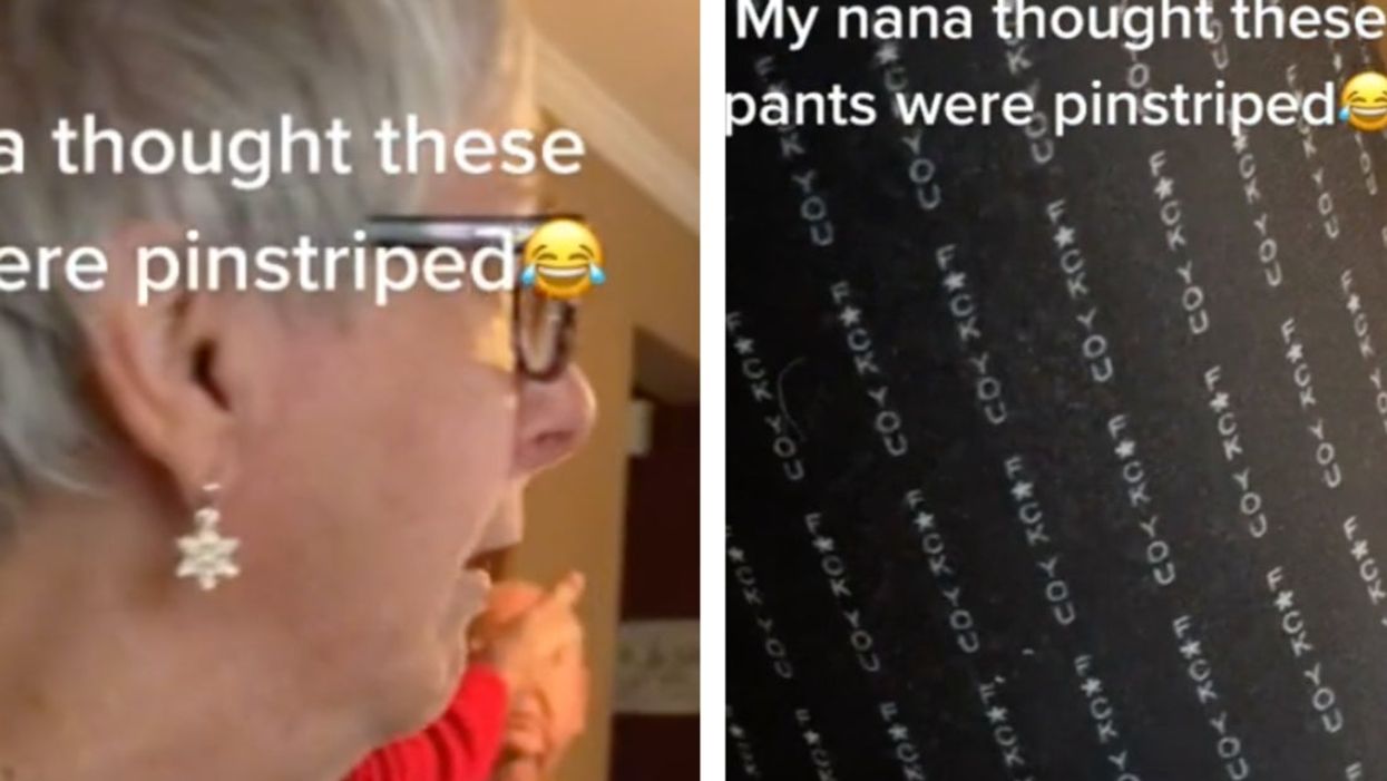 A grandmother’s ‘pinstriped’ pants had a very unexpected phrase printed on them