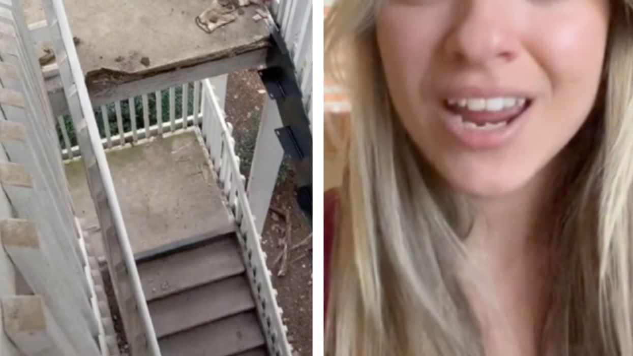 Woman shocked as the stairs to her apartment suddenly disappear