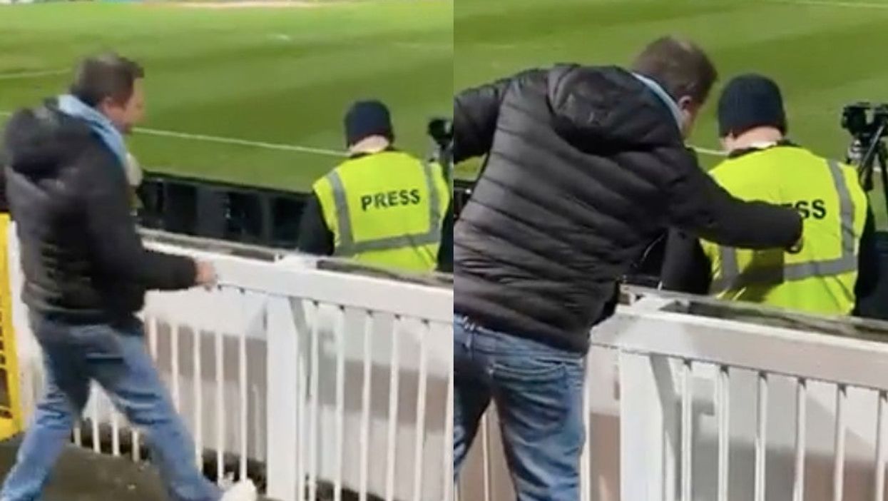 Football fan presses the back of a member of the ‘press’ in viral Dad joke