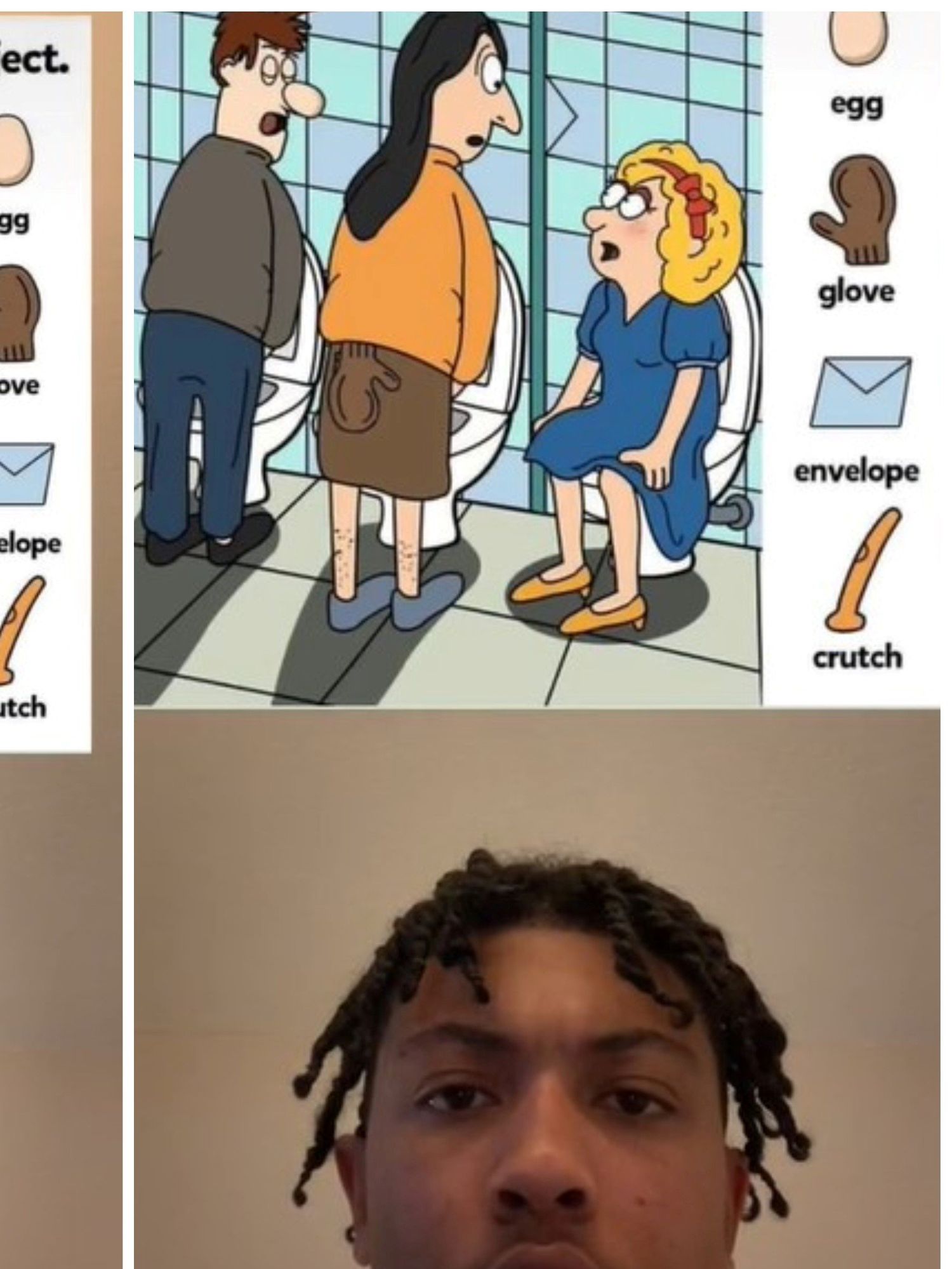 Can you find the fourth object in this picture? No one can find the crutch