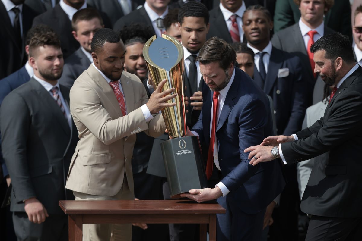 JD Vance broke a college football trophy on live TV the moment he touched it