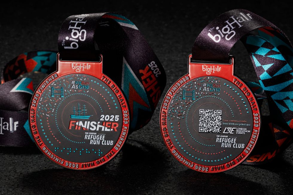 Tower Bridge and Cutty Sark on Big Half finisher medal designed with refugees