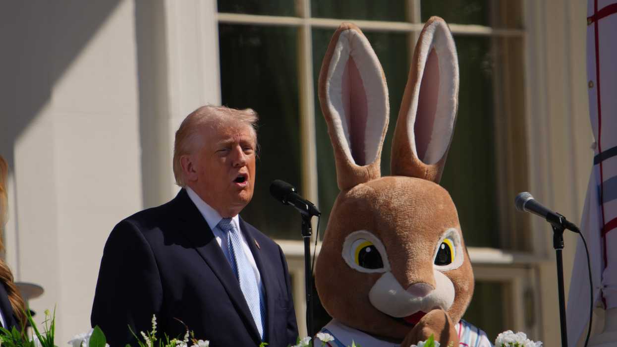 People can't believe Trump said all this while standing next to a giant Easter bunny