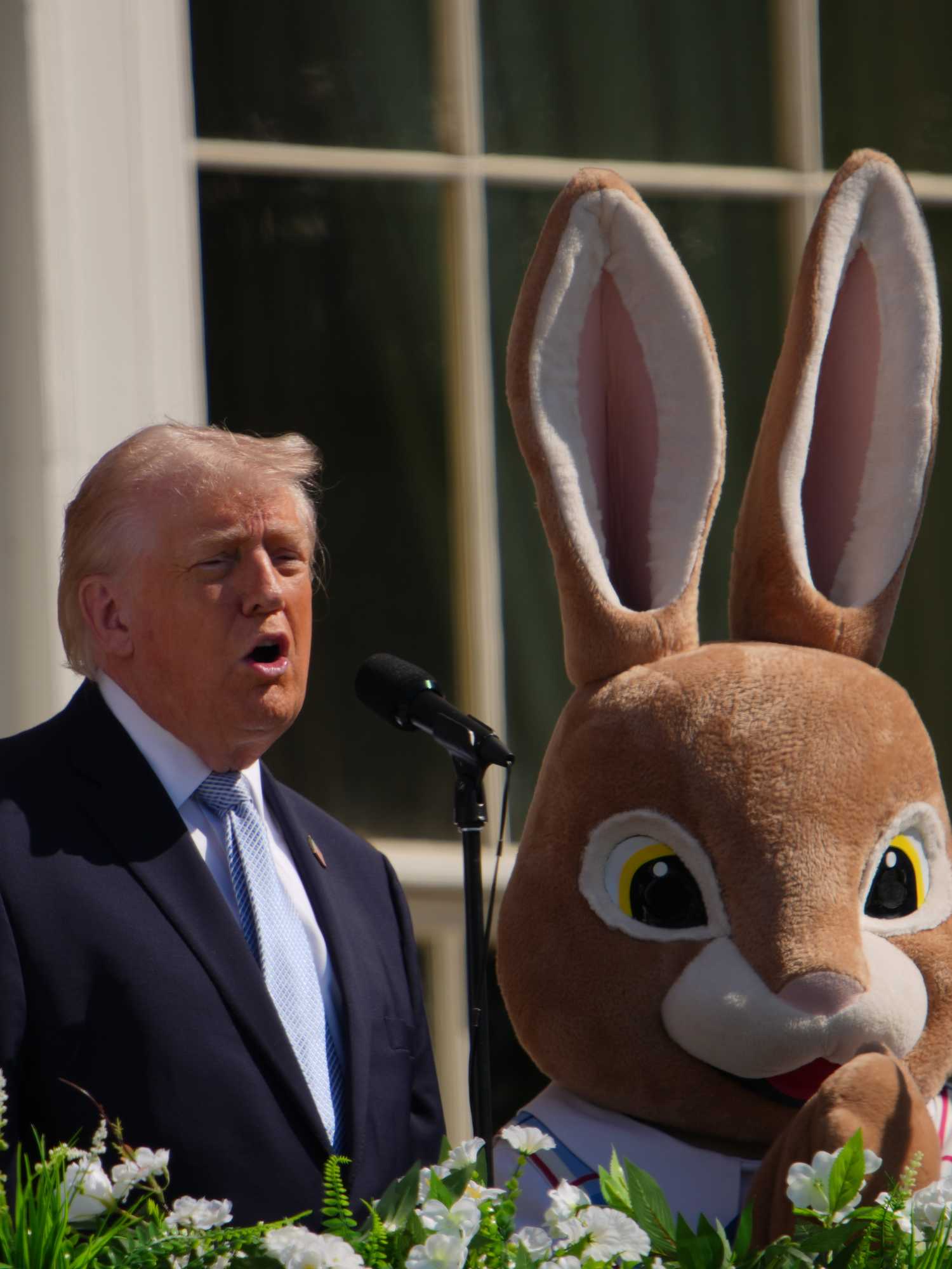 People can't believe Trump said all this while standing next to a giant Easter bunny