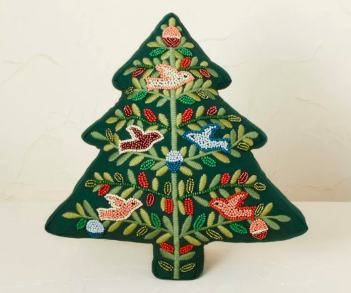Beaded and Embroidered Christmas Tree Shaped Throw Pillow Dark Green