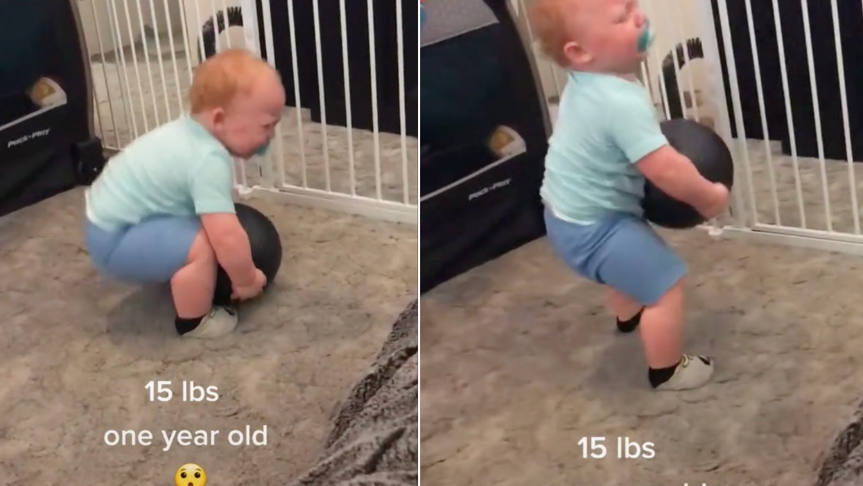 Super-strong 1-year-old picks up 15lb ball and stuns the internet
